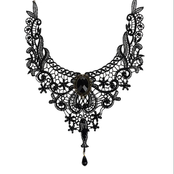 Collier Dentelle Gothique Victorien - Bijou Noir avec Pierre