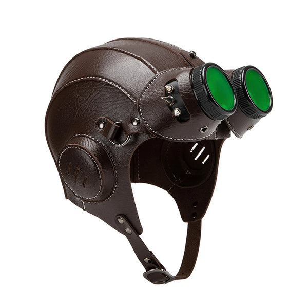 Casque Aviateur Steampunk Cuir avec Lunettes Vertes - Pilot Helmet Vintage