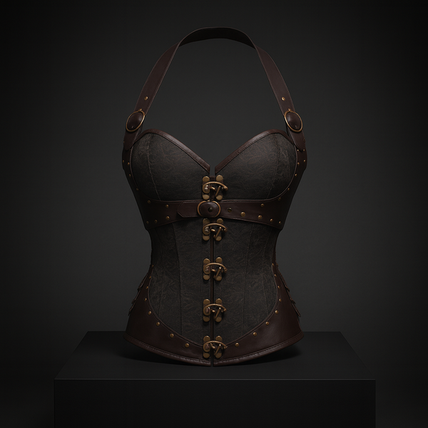 Corset Steampunk Marron Bretelles Cuir | Bustier Victorian Bronze Rivets
