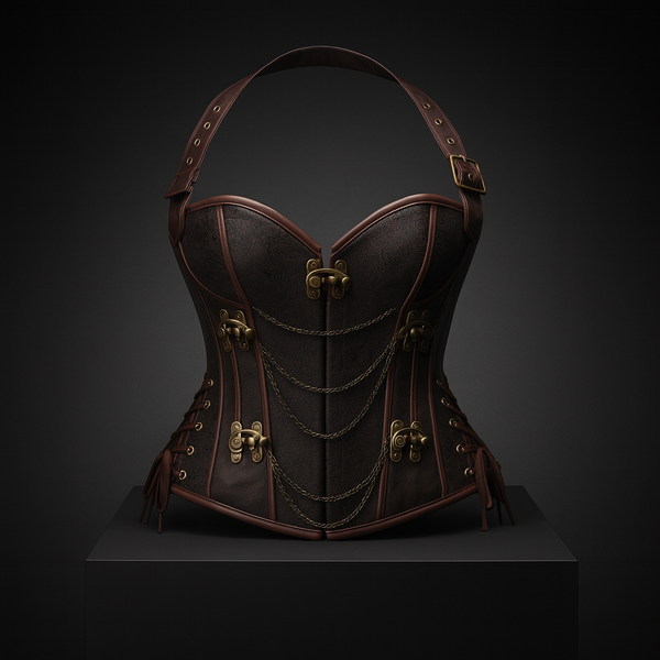 Corset Steampunk Cuir Marron Chaînes Bronze - Bustier Victorien Gothic Underbust