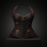 Corset Steampunk Cuir Marron Chaînes Bronze - Bustier Victorien Gothic Underbust
