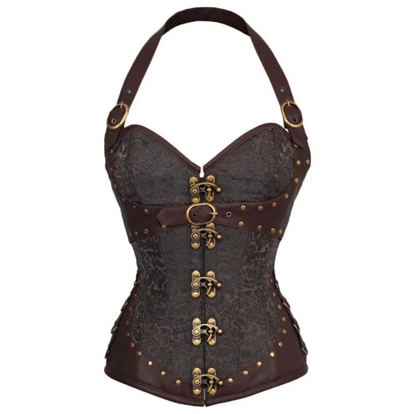 Corset Steampunk Marron Bretelles Cuir | Bustier Victorian Bronze Rivets