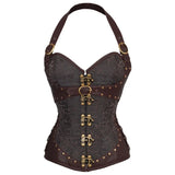 Corset Steampunk Marron Bretelles Cuir | Bustier Victorian Bronze Rivets