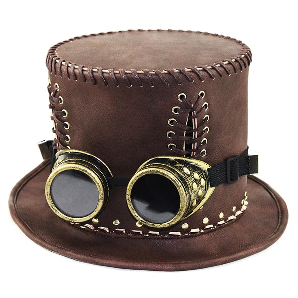 Haut-de-Forme Steampunk Cuir Marron avec Lunettes