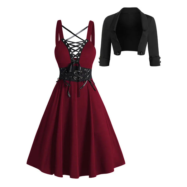 Ensemble Robe Gothique Steampunk Bordeaux avec Boléro Noir - 2 Pièces