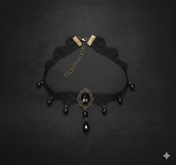 Collier Dentelle Gothique Victorien - Bijou Noir avec Pierre