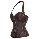 Corset Steampunk Marron Bretelles Cuir | Bustier Victorian Bronze Rivets