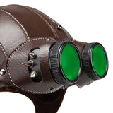 Casque Aviateur Steampunk Cuir avec Lunettes Vertes - Pilot Helmet Vintage