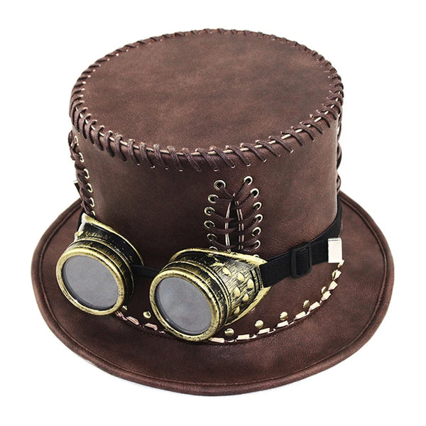 Haut-de-Forme Steampunk Cuir Marron avec Lunettes