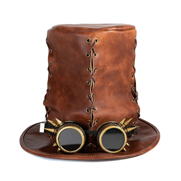 Haut-de-Forme Steampunk Cuir Marron avec Lunettes