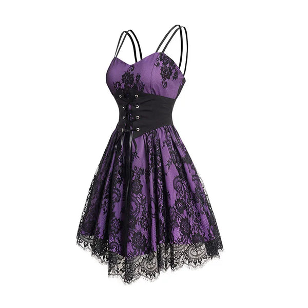 Robe Gothique Violette Dentelle Noire | Bustier Corset Laçage