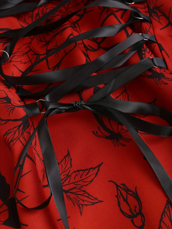 Robe Gothique Rouge Roses Noires Laçage - Robe Pin-Up Gothic Évasée