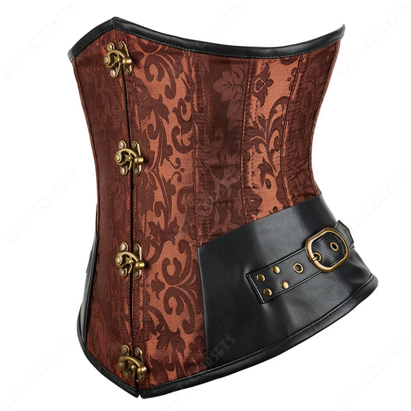 Corset Steampunk Cuir Marron Chaînes Bronze - Bustier Victorien Gothic Underbust