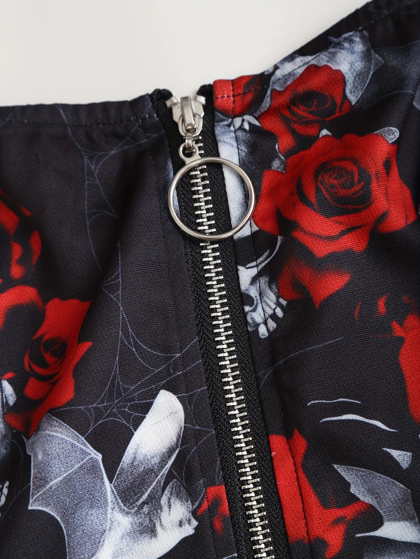 Robe Gothique Rouge Roses Noires Laçage - Robe Pin-Up Gothic Évasée