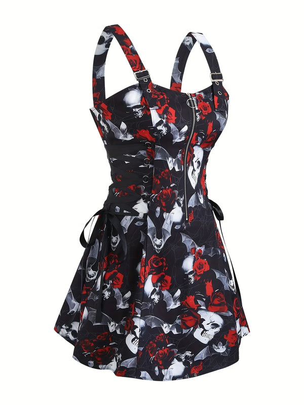 Robe Gothique Rouge Roses Noires Laçage - Robe Pin-Up Gothic Évasée