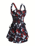 Robe Gothique Rouge Roses Noires Laçage - Robe Pin-Up Gothic Évasée