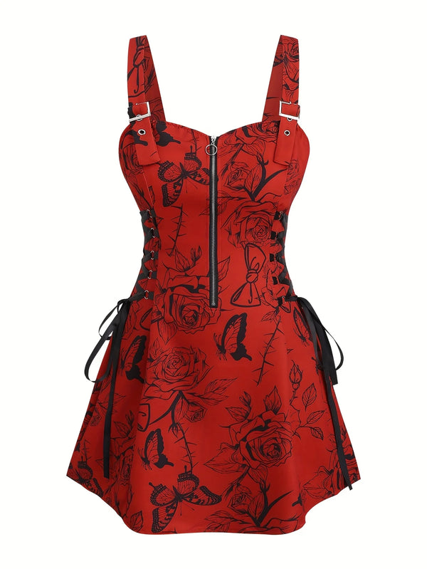 Robe Gothique Rouge Roses Noires Laçage - Robe Pin-Up Gothic Évasée