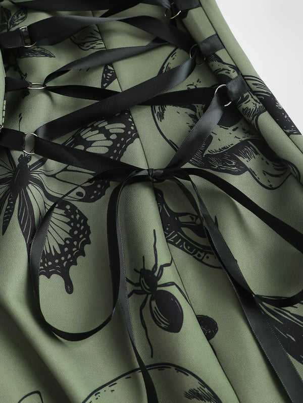 Robe Gothique Rouge Roses Noires Laçage - Robe Pin-Up Gothic Évasée