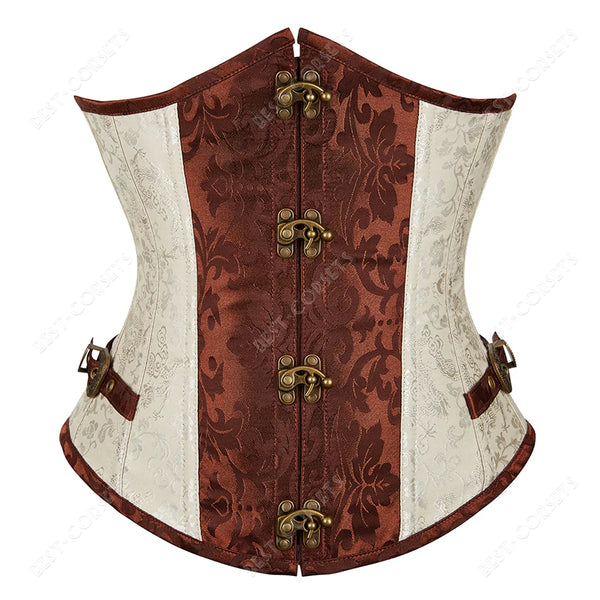 Corset Steampunk Cuir Marron Chaînes Bronze - Bustier Victorien Gothic Underbust
