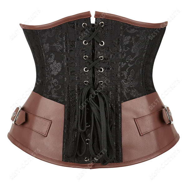 Corset Steampunk Cuir Marron Chaînes Bronze - Bustier Victorien Gothic Underbust