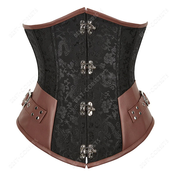 Corset Steampunk Cuir Marron Chaînes Bronze - Bustier Victorien Gothic Underbust