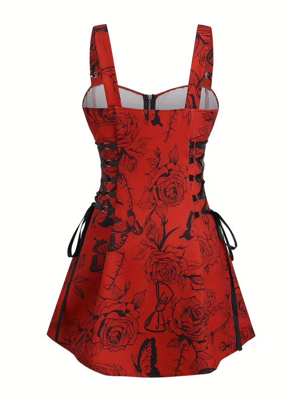 Robe Gothique Rouge Roses Noires Laçage - Robe Pin-Up Gothic Évasée