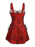 Robe Gothique Rouge Roses Noires Laçage - Robe Pin-Up Gothic Évasée