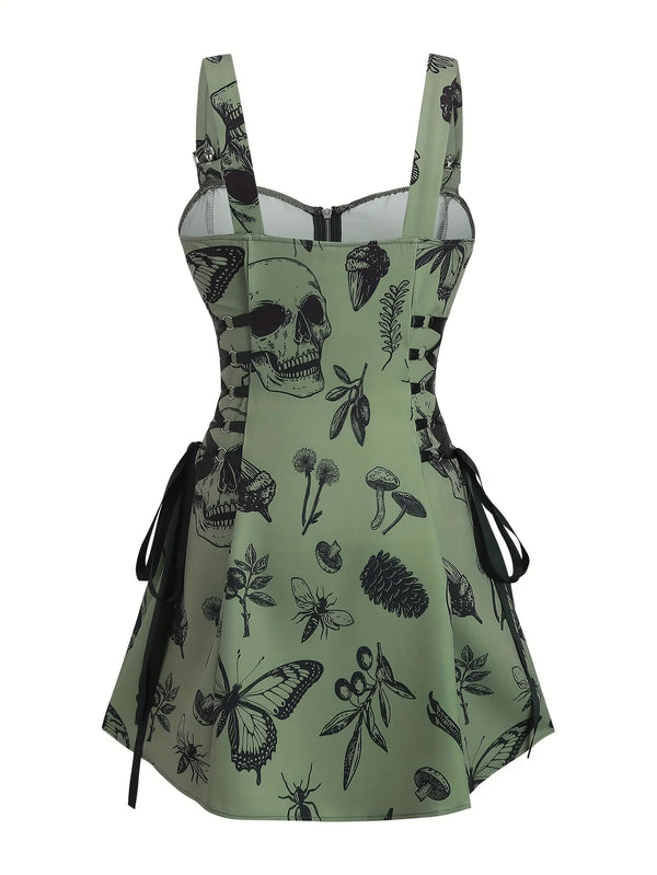 Robe Gothique Rouge Roses Noires Laçage - Robe Pin-Up Gothic Évasée