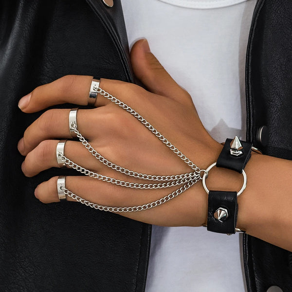 Bracelet-Bague Chaîne Gothique Acier Noir