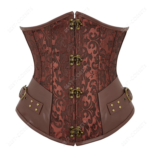 Corset Steampunk Cuir Marron Chaînes Bronze - Bustier Victorien Gothic Underbust