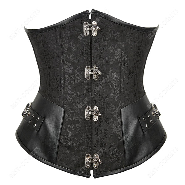Corset Steampunk Cuir Marron Chaînes Bronze - Bustier Victorien Gothic Underbust