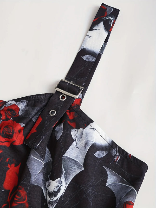 Robe Gothique Rouge Roses Noires Laçage - Robe Pin-Up Gothic Évasée