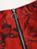 Robe Gothique Rouge Roses Noires Laçage - Robe Pin-Up Gothic Évasée