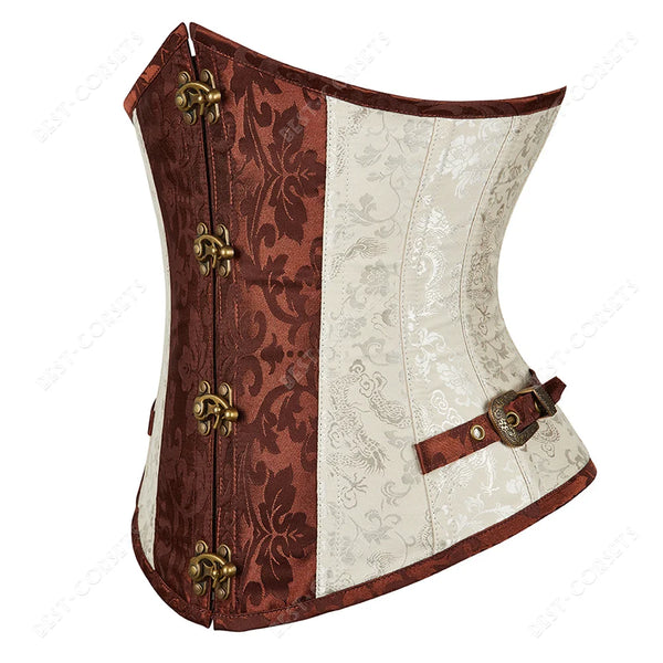 Corset Steampunk Cuir Marron Chaînes Bronze - Bustier Victorien Gothic Underbust