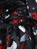 Robe Gothique Rouge Roses Noires Laçage - Robe Pin-Up Gothic Évasée