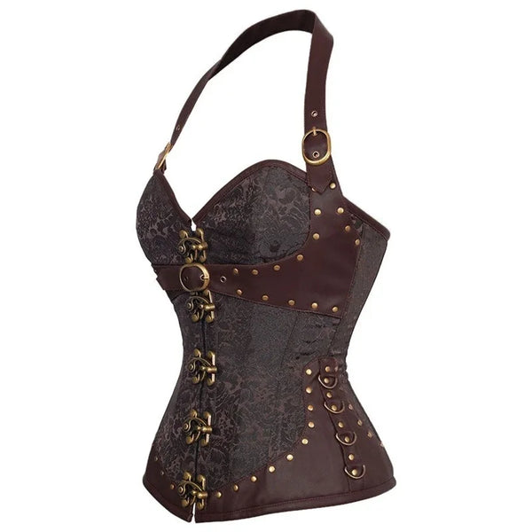 Corset Steampunk Marron Bretelles Cuir | Bustier Victorian Bronze Rivets