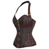 Corset Steampunk Marron Bretelles Cuir | Bustier Victorian Bronze Rivets