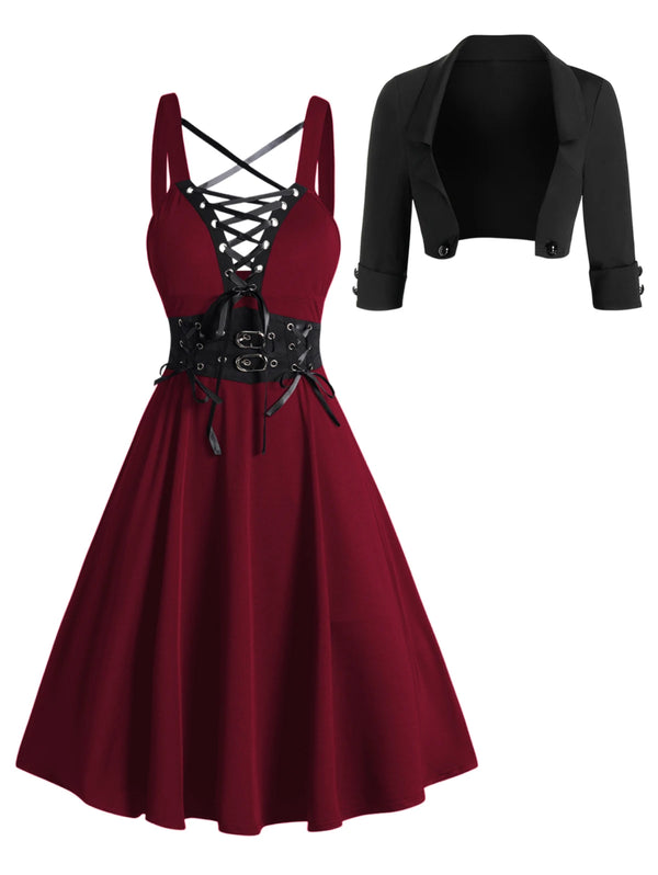Ensemble Robe Gothique Steampunk Bordeaux avec Boléro Noir - 2 Pièces