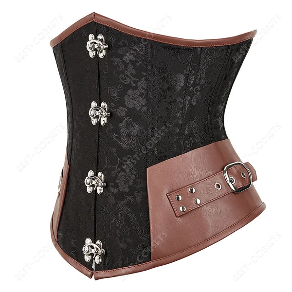 Corset Steampunk Cuir Marron Chaînes Bronze - Bustier Victorien Gothic Underbust
