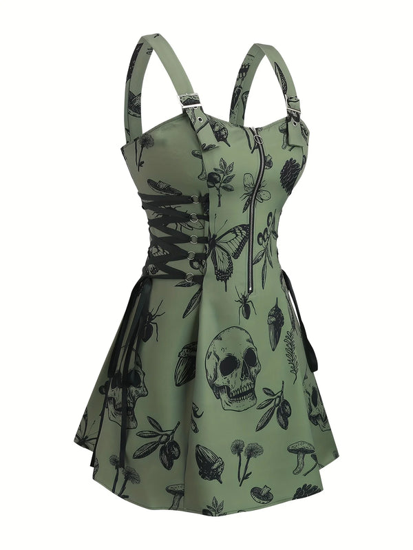 Robe Gothique Rouge Roses Noires Laçage - Robe Pin-Up Gothic Évasée