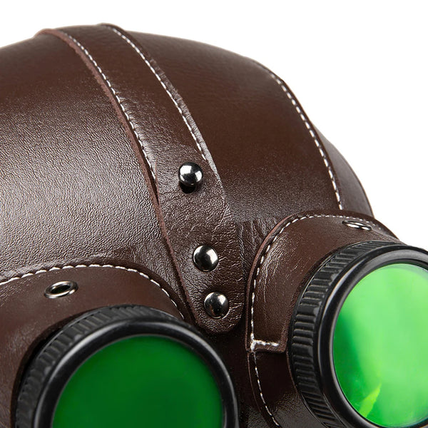 Casque Aviateur Steampunk Cuir avec Lunettes Vertes - Pilot Helmet Vintage