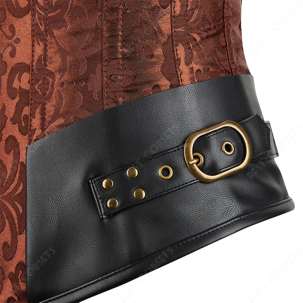 Corset Steampunk Cuir Marron Chaînes Bronze - Bustier Victorien Gothic Underbust