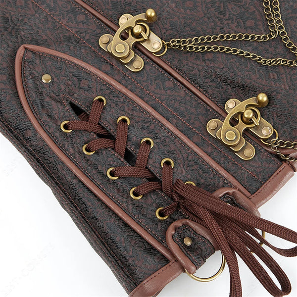 Corset Steampunk Cuir Marron Chaînes Bronze - Bustier Victorien Gothic Underbust
