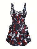 Robe Gothique Rouge Roses Noires Laçage - Robe Pin-Up Gothic Évasée