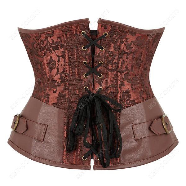 Corset Steampunk Cuir Marron Chaînes Bronze - Bustier Victorien Gothic Underbust