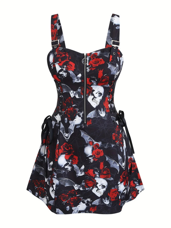 Robe Gothique Rouge Roses Noires Laçage - Robe Pin-Up Gothic Évasée