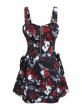 Robe Gothique Rouge Roses Noires Laçage - Robe Pin-Up Gothic Évasée