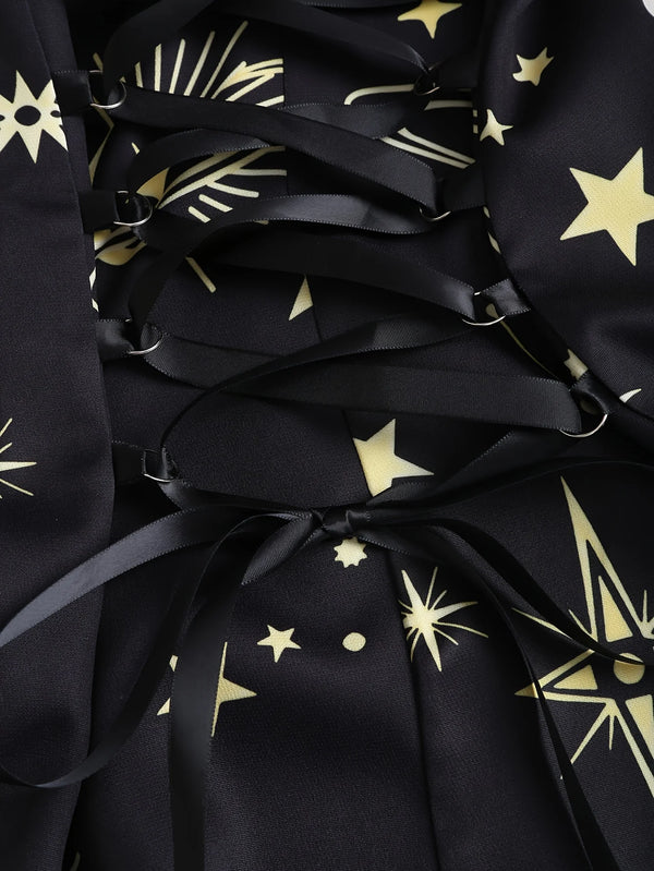 Robe Gothique Rouge Roses Noires Laçage - Robe Pin-Up Gothic Évasée