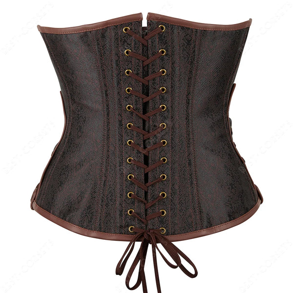 Corset Steampunk Cuir Marron Chaînes Bronze - Bustier Victorien Gothic Underbust