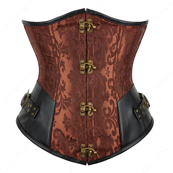 Corset Steampunk Cuir Marron Chaînes Bronze - Bustier Victorien Gothic Underbust